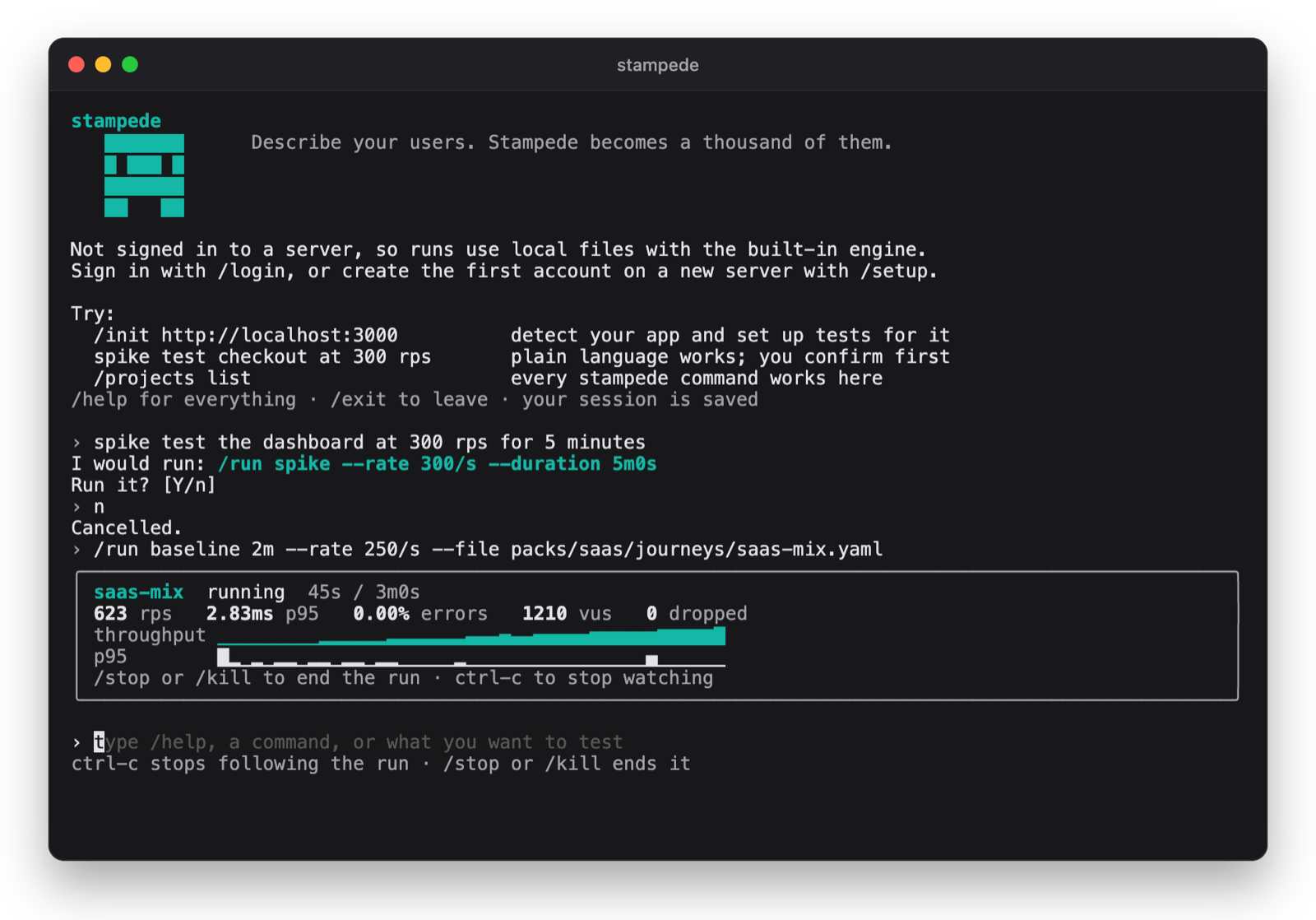 A plain-language request turned into a command for confirmation, then a live run at 623 requests per second with 1,210 virtual users and live throughput and p95 sparklines